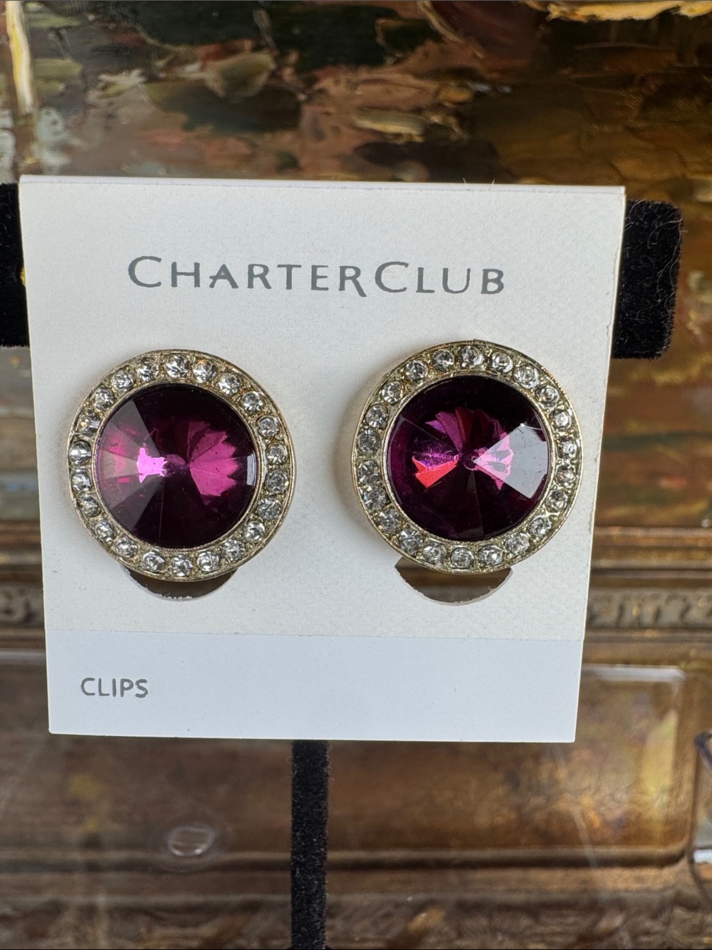 Charter Club Amethyst-Tone Crystal Clip-On Earrings with Clear Halo